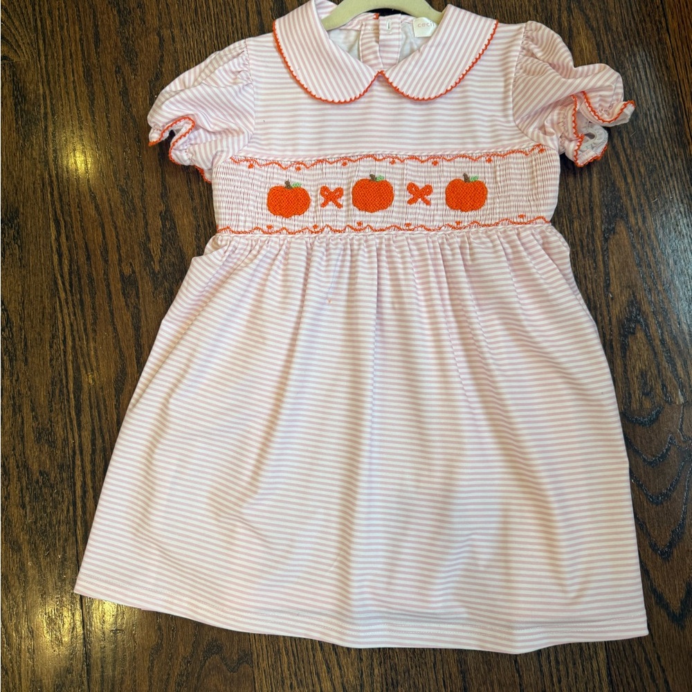 Cecil and Lou Girls Pink Striped Smocked Pumpkin Dress